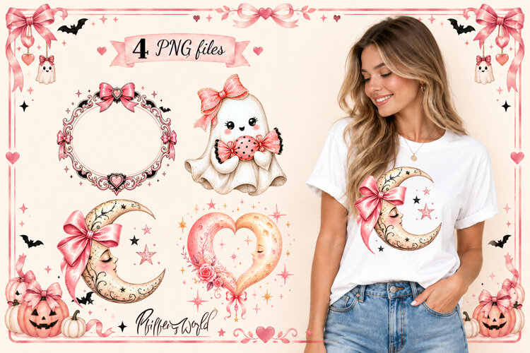Coquette Halloween Sublimation Designs | Pink Ghost & Moon example image 1