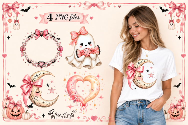 Coquette Halloween Sublimation Designs | Pink Ghost & Moon