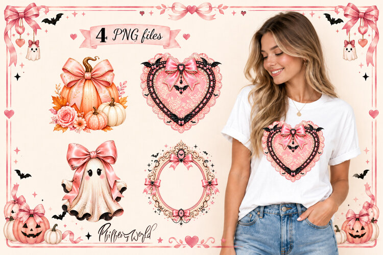 Coquette Halloween Sublimation Designs | Pink Heart & Ghost example image 1