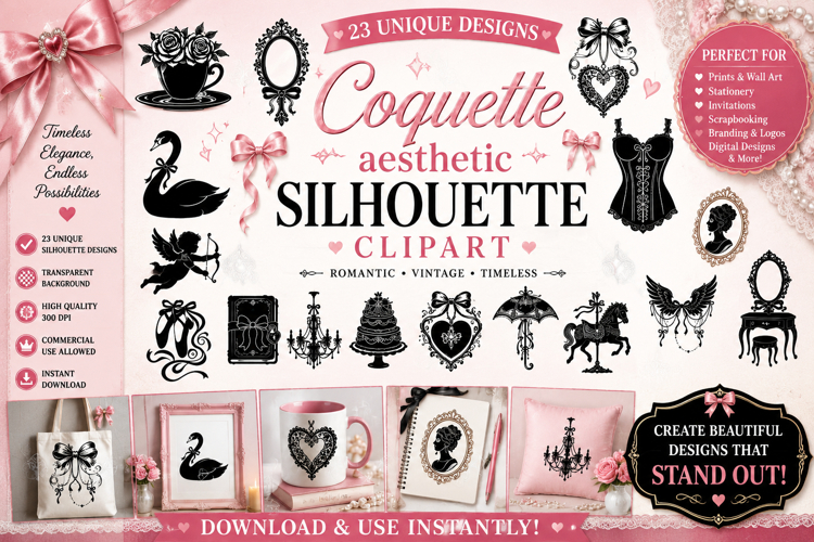Coquette Aesthetic Silhouette PNG Clipart Bundle