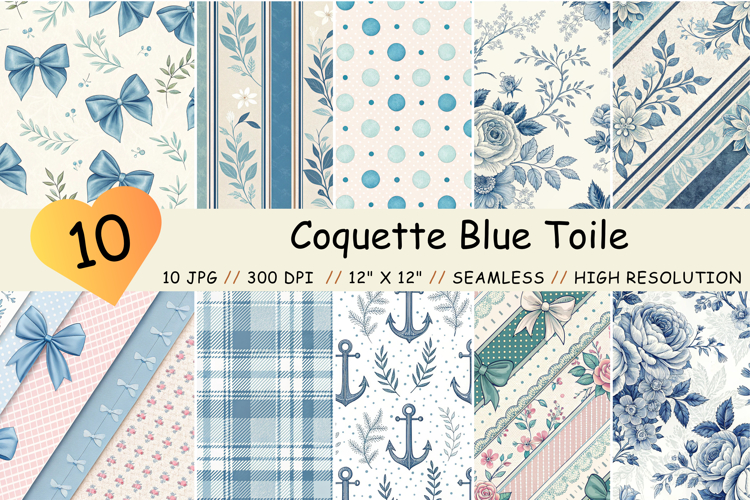Coquette Blue Toile Digital Paper, Vintage French Floral