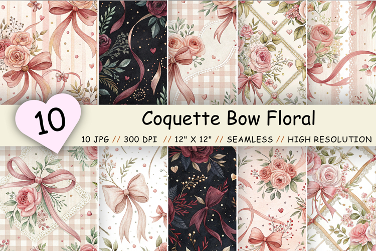 Coquette Bow Floral Digital Paper, Seamless Watercolor