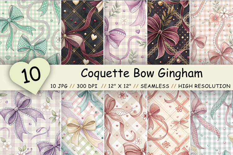 Coquette Bow Gingham Digital Paper, Seamless Watercolor