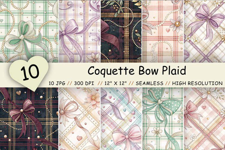 Coquette Bow Plaid Digital Paper Pack, Seamless Watercolor