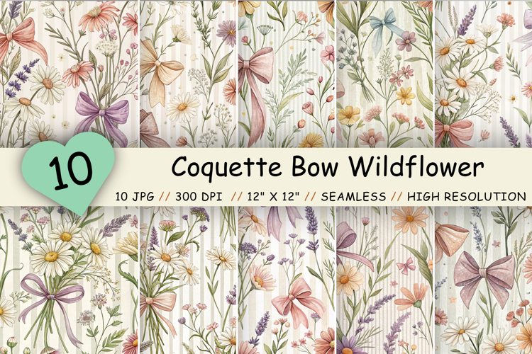 Coquette Bow Wildflower Digital Paper, Pastel Cottagecore