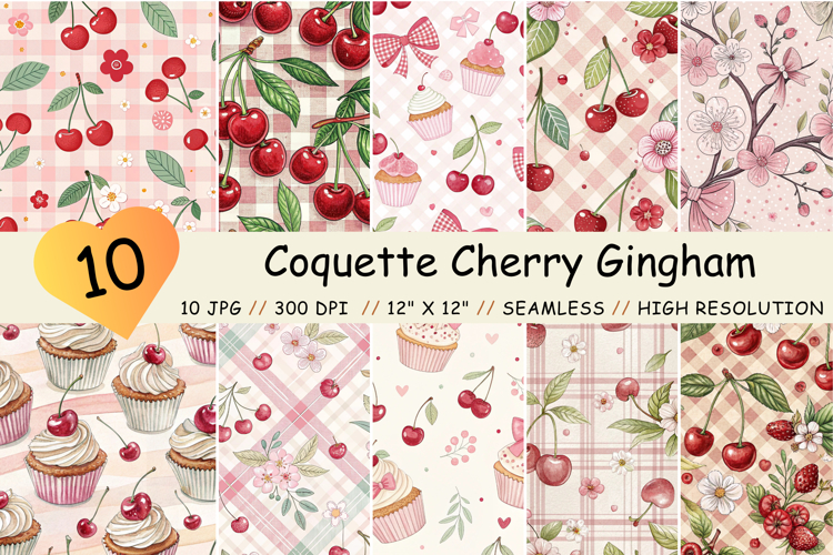 Coquette Cherry Gingham Seamless Patterns | Cute Retro