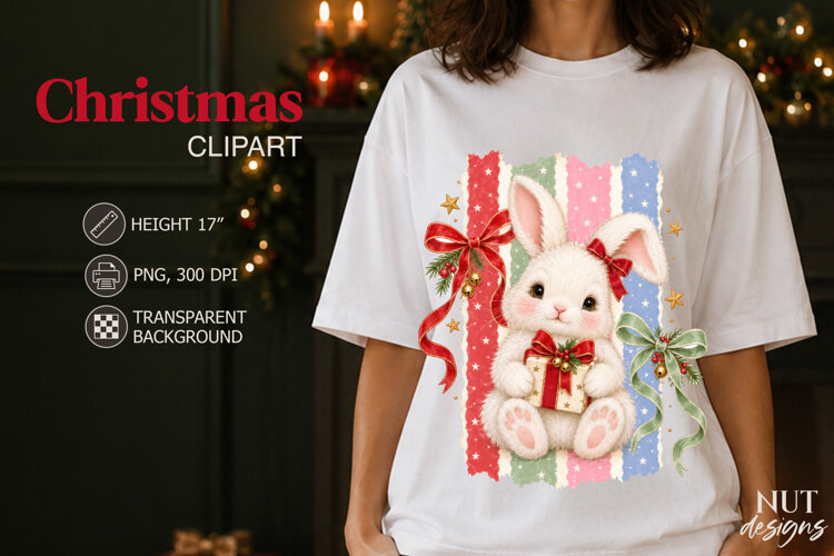 Cute Christmas Bunny Clipart PNG Christmas sublimation example image 1