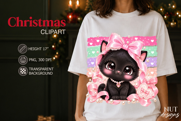 Cute Pink Bow Black Cat Clipart Coquette Christmas