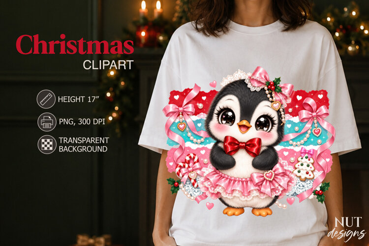 Cute Christmas Penguin Clipart Coquette sublimation example image 1