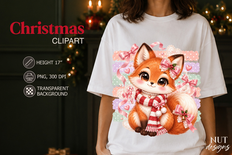 Cute Christmas Fox Clipart Coquette Christmas sublimation
