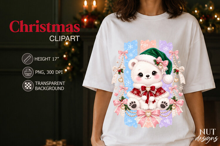 Cute Christmas Polar Bear PNG Coquette sublimation example image 1
