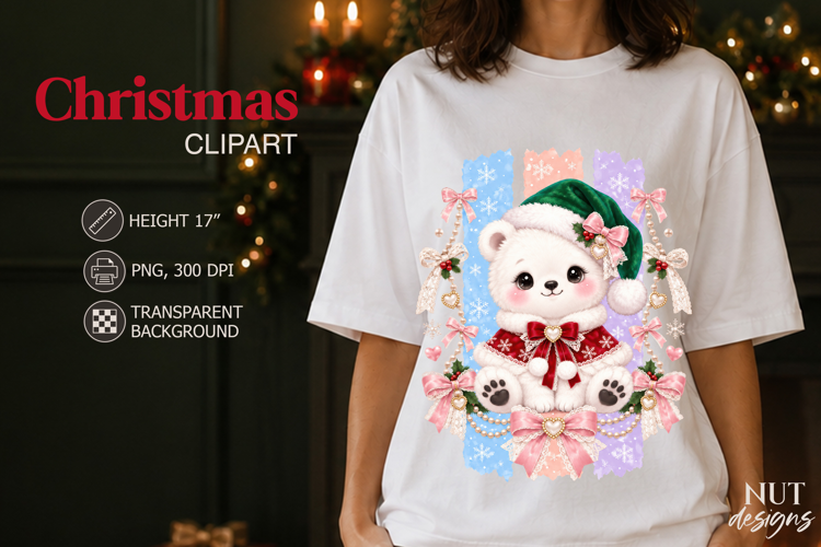 Cute Christmas Polar Bear PNG Coquette sublimation
