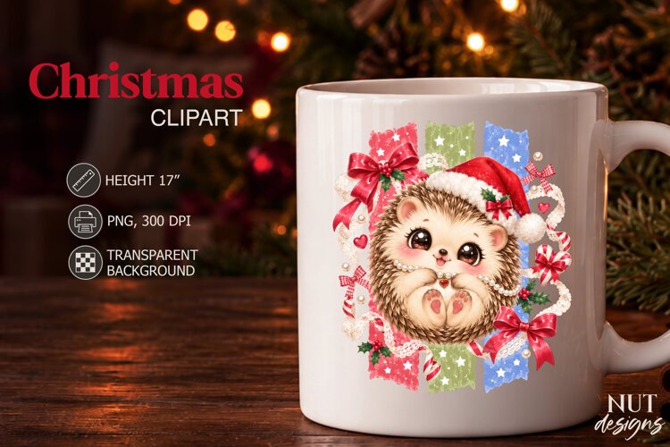 Cute Christmas Hedgehog Clipart PNG Coquette sublimation example image 1