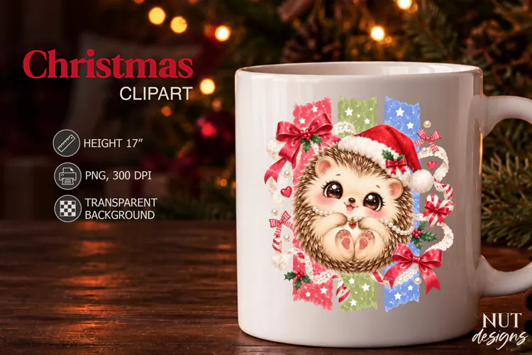 Cute Christmas Hedgehog Clipart PNG Coquette sublimation
