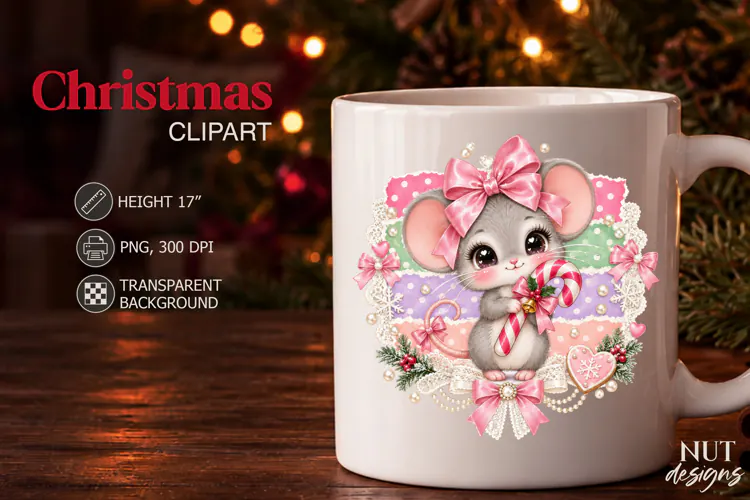 Cute Christmas Mouse Clipart PNG Coquette sublimation