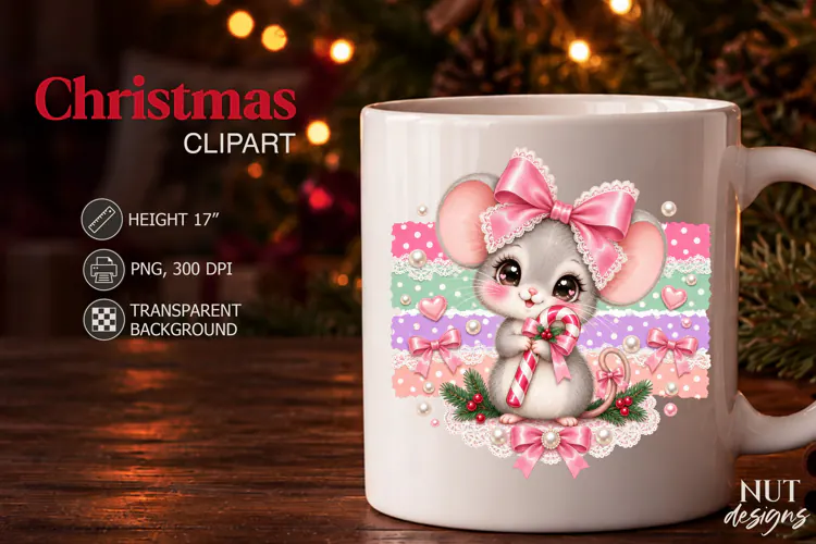 Cute Christmas Mouse Clipart PNG Coquette sublimation
