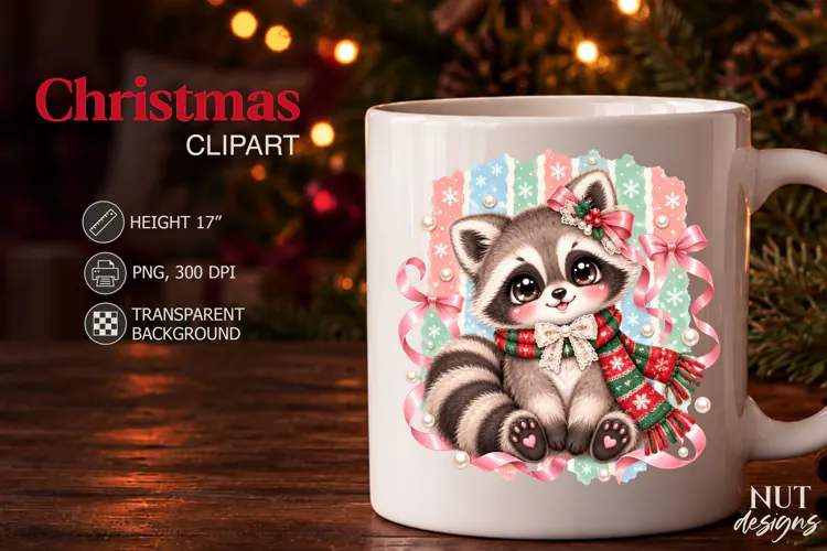 Cute Christmas Raccoon Clipart PNG Coquette sublimation