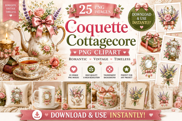 Coquette Cottagecore PNG Clipart Bundle | 25 Images