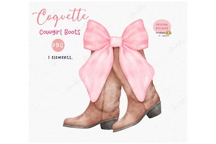 Coquette cowgirl boot with pink bow watercolor png