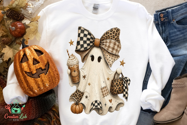 Coquette Bow Ghost PNG - Cute Fall Coffee Halloween Design