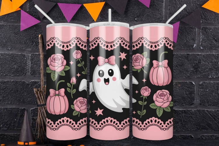Coquette Ghost Skinny Tumbler Wrap Black & Pink