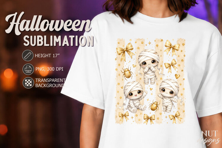 Cute Golden Mummy Trio Coquette Halloween sublimation example image 1