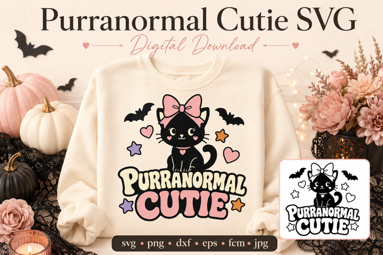 Purranormal Cutie Cat SVG, Halloween Coquette Cat SVG,