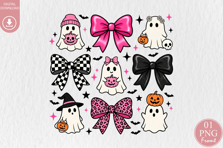 Coquette Halloween Ghost PNG, Pink Leopard   Bows Design