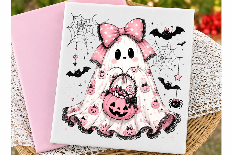 Coquette Halloween Pink Bow Ghost Png