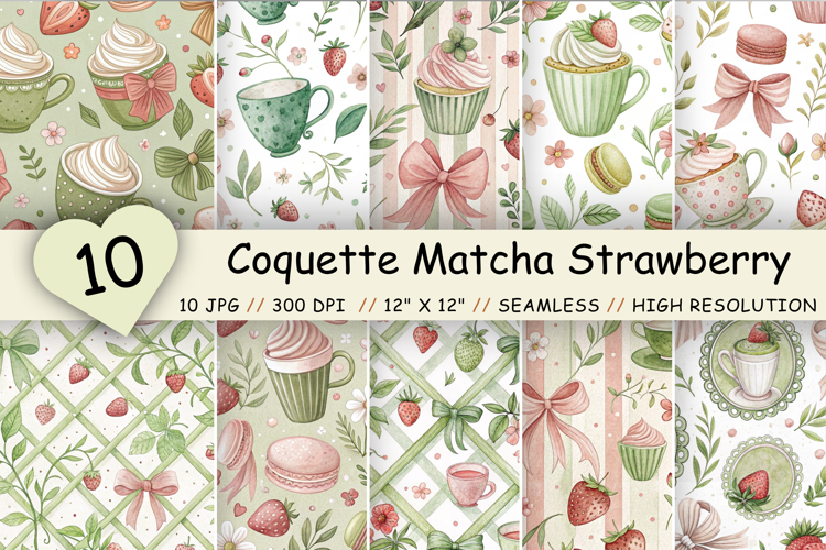 Coquette Matcha Strawberry Digital Paper, Seamless Kawaii