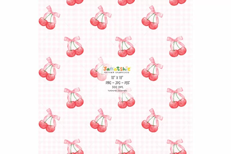 Coquette Pattern Seamless Cherries with Pink bow PNG JPG PDF