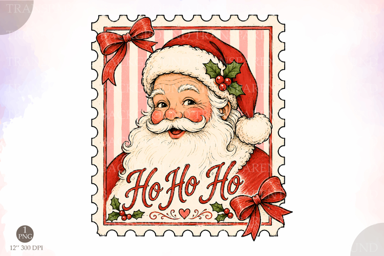 Coquette Retro Santa Postage Stamp PNG, Trendy Christmas Png