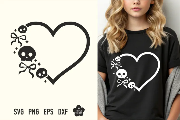 Coquette Skull Heart SVG - Cute Halloween Bow Cut File