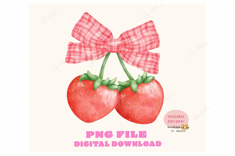 Coquette strawberries ribbon bow watercolor png