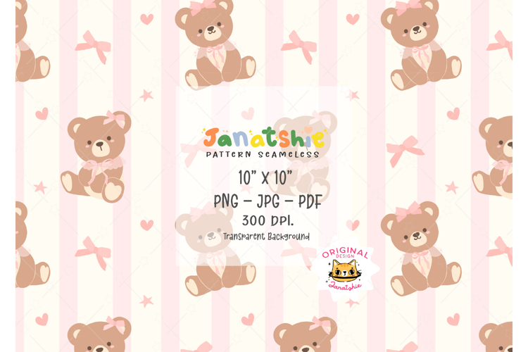 Coquette Teddy Bear Seamless Pattern PNG, UV DTF printable