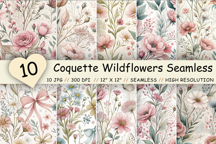 Coquette Wildflowers Seamless Pattern, Romantic Pink Floral