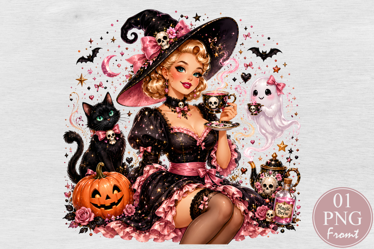 Coquette Witch Tea Party PNG, Pink Halloween Sublimation example image 1