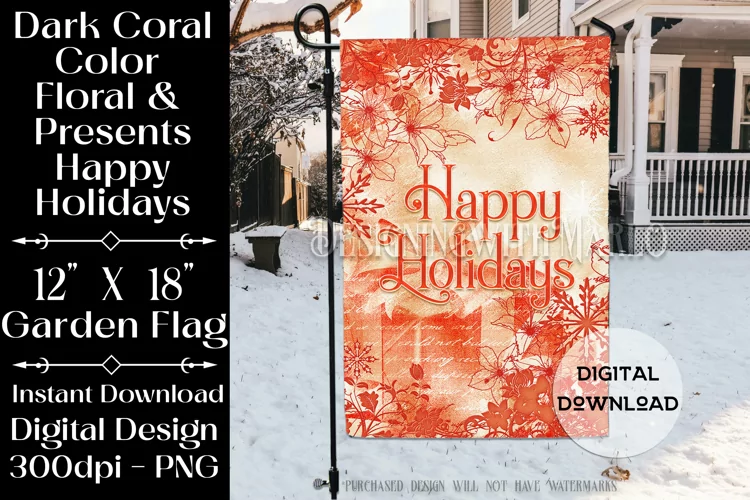 Elegant Coral Floral & Presents Happy Holidays Garden Flag