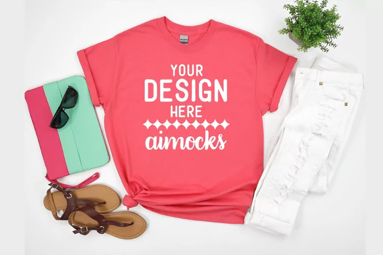 Coral Silk T-shirt Mockup, 5000 Gildan T-shirt Women-Styled