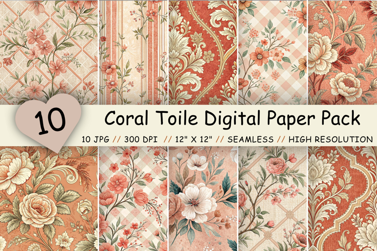 Coral Toile Digital Paper Pack, Vintage Floral Toile