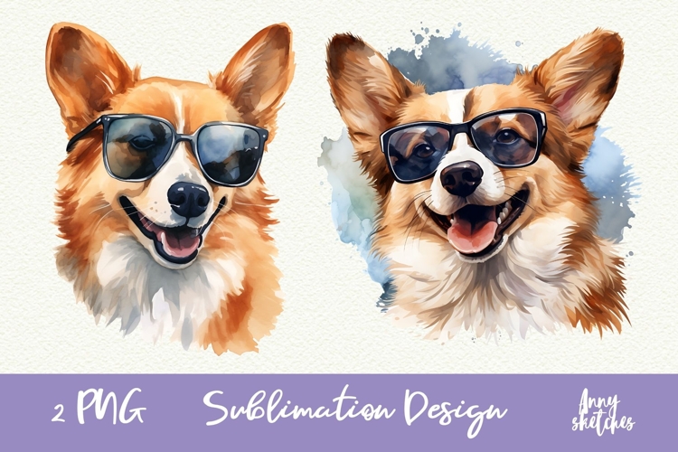 2 Corgi in Sunglasses Cool Dog Watercolor Clipart PNG example image 1