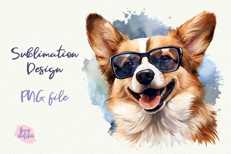 Corgi in Sunglasses Cool Dog Watercolor Clipart PNG