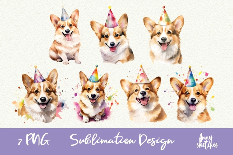 7 Birthday Corgi Watercolor Clipart Corgi in Party Hats