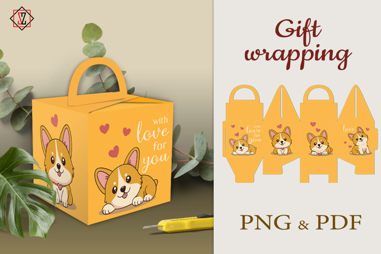 Corgi gift box template. Paper crafts.