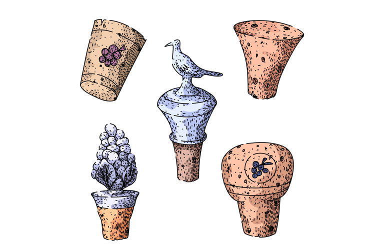 Hand drawing various natural cork wine bottle stoppers