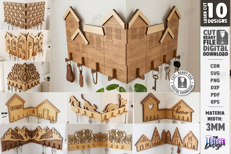 Wooden Corner Key Holder Rack Laser Cut Bundle | Wall Decor