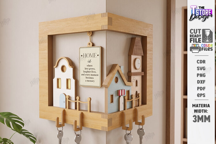 Corner Key Holder Rack Laser Cut | Wall Decor | Home Decor example image 1