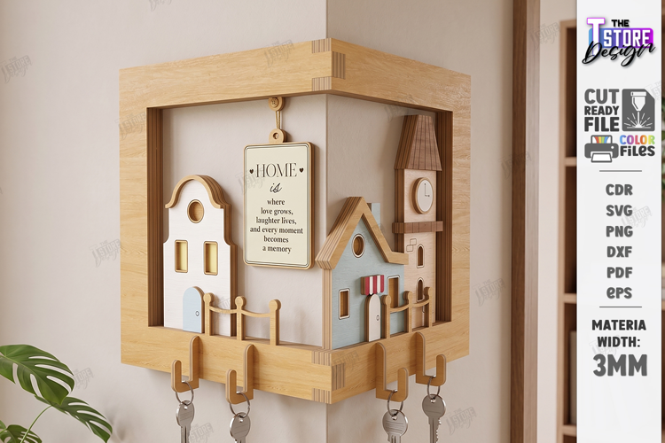 Corner Key Holder Rack Laser Cut | Wall Decor | Home Decor