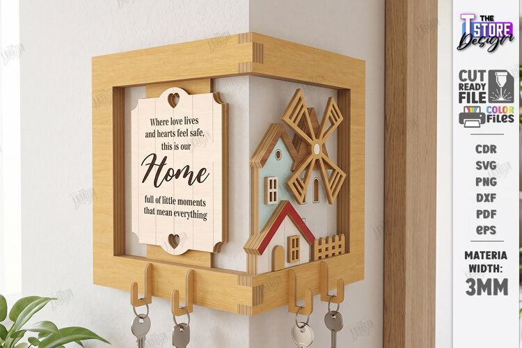 Corner Key Holder Rack Laser Cut | Wall Decor | Home Decor example image 1