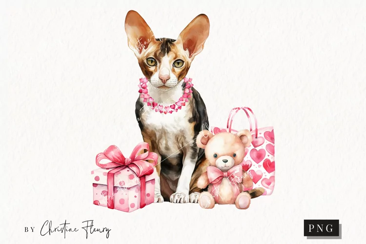 Valentine Cornish Rex Cat PNG | Valentine's Day Clipart